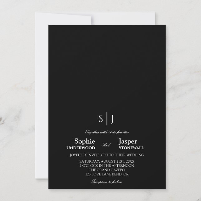 Invitation Mariage de monogramme noir minimaliste classique m (Devant)