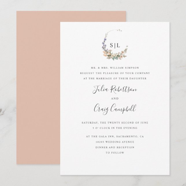 Invitation Mariage de monogramme officiel de feuilles et de f (Devant / Derrière)