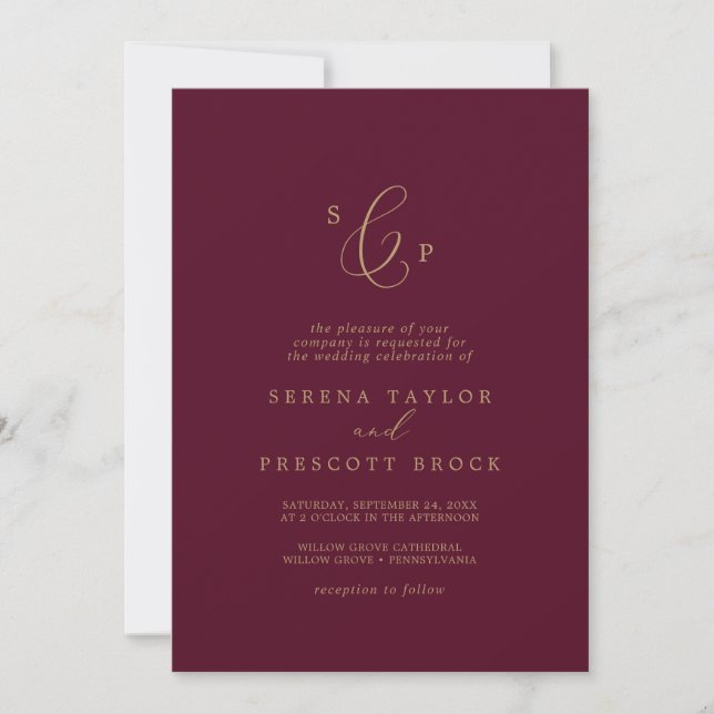 Invitation Mariage de monogramme officiel en or et en Bourgog (Devant)