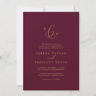 Invitation Mariage de monogramme officiel en or et en Bourgog