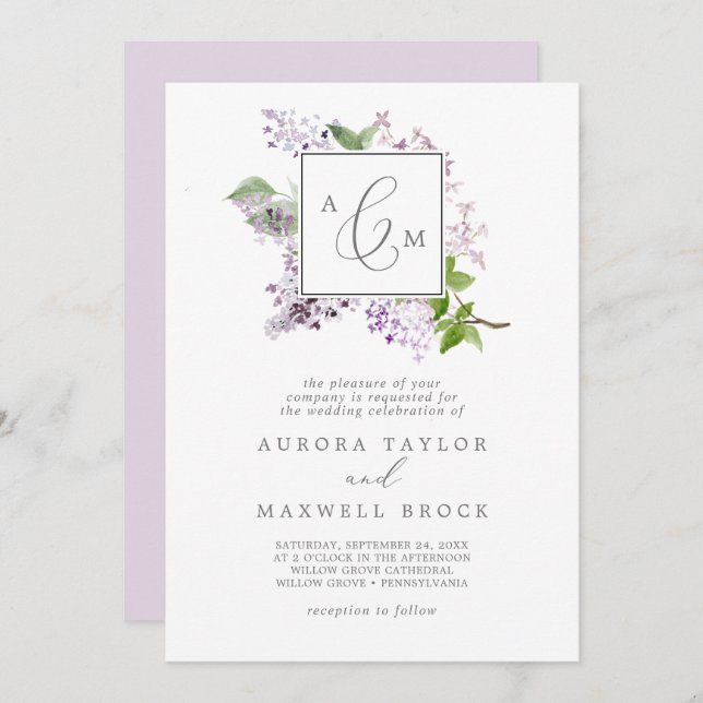 Invitation Mariage de monogramme officiel Lilac rustique (Devant / Derrière)