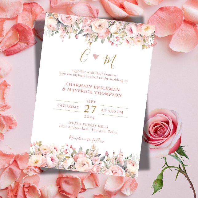 Invitation Mariage de monogramme or à cadre rose floral (Créateur téléchargé)