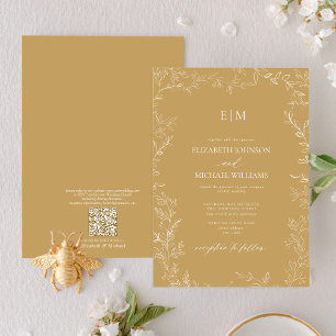 Invitation Mariage de monogramme or à feuille élégante QR Cod