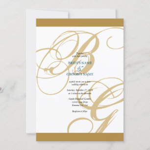 Invitation Mariage de monogramme or Blue Elegant