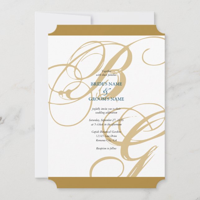 Invitation Mariage de monogramme or Blue Elegant (Devant)
