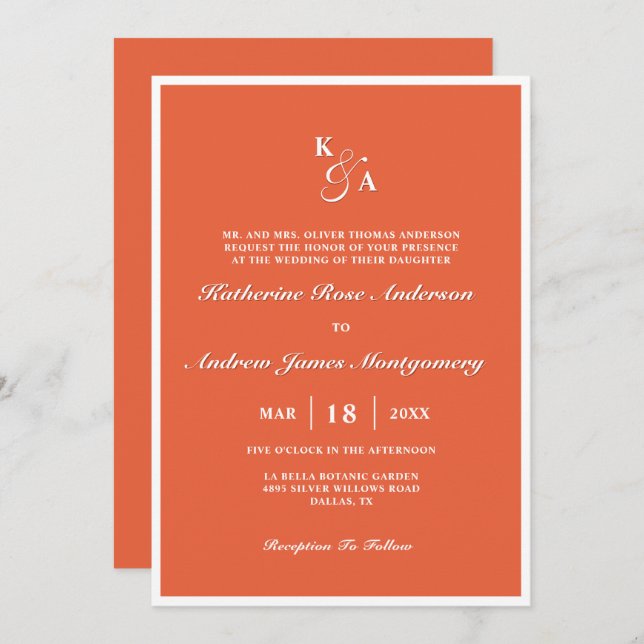 Invitation Mariage de monogramme orange brillant moderne (Devant / Derrière)
