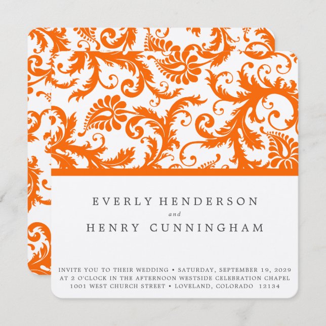 Invitation Mariage de monogramme Orange Damask (Devant / Derrière)