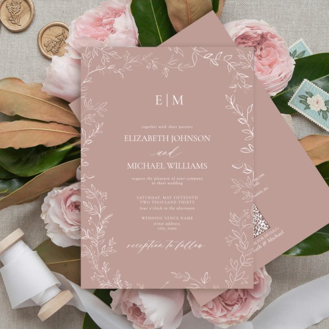 Invitation Mariage de monogramme Rose à feuilles élégantes QR (Créateur téléchargé)
