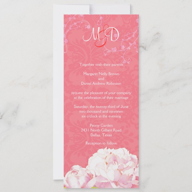 Invitation Mariage de monogramme rose de corail de pivoine (Devant)