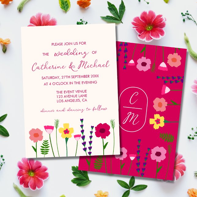 Invitation Mariage de monogramme rose Fuchsia brillant et gra (Créateur téléchargé)