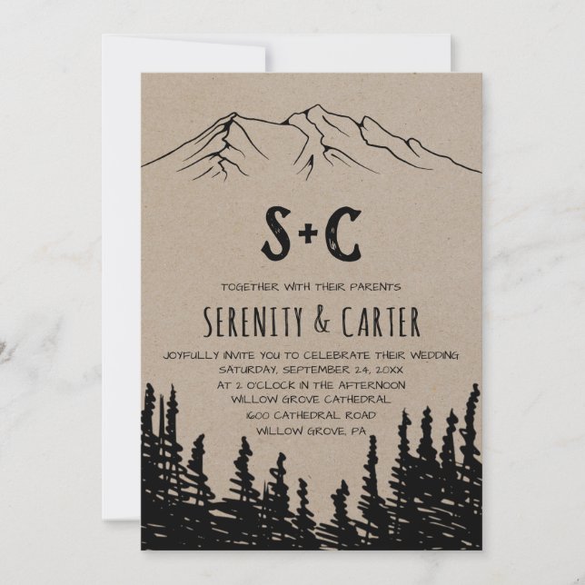 Invitation Mariage de monogramme rustique Woodsy Mountain (Devant)