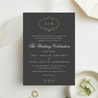 Invitation mariage de monogramme traditionnel de crête d'or