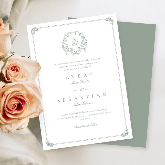 Invitation Mariage de monogramme vert de l'âge formel (Créateur téléchargé)