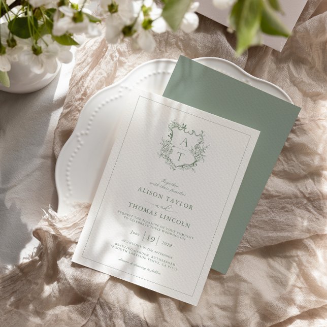 Invitation Mariage de monogramme vert de l'aire de crête offi (Créateur téléchargé)
