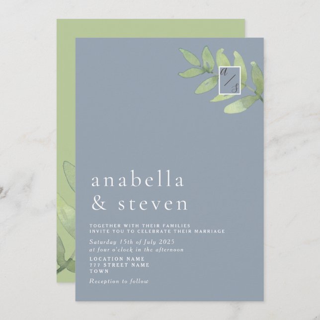 Invitation Mariage de monogramme vert Dusty Blue Sage (Devant / Derrière)