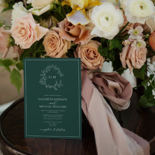 Invitation Mariage de monogramme vert émeraude moderne (Créateur téléchargé)