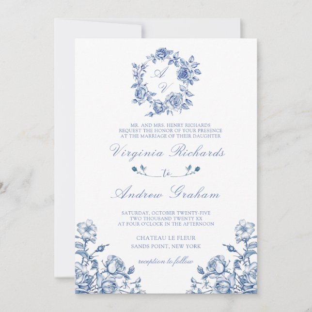 Invitation Mariage de monogramme Vintage bleu (Devant)