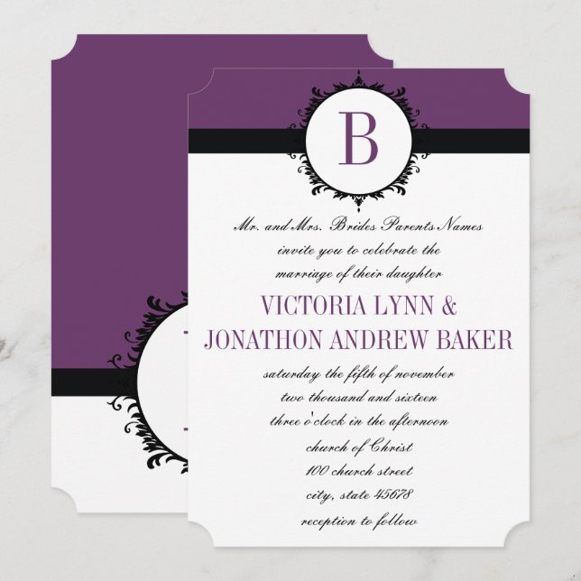 Invitation Mariage de monogramme violet ou couleur (Devant / Derrière)