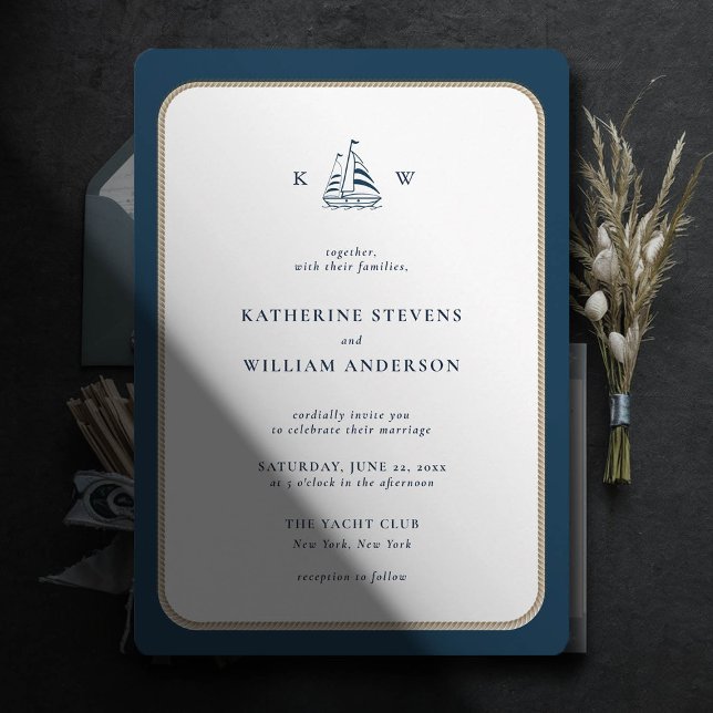 Invitation Mariage de monogrammes blancs de la Marine (simple beach boat wedding invitation nautical rope white navy modern classic minimalist)