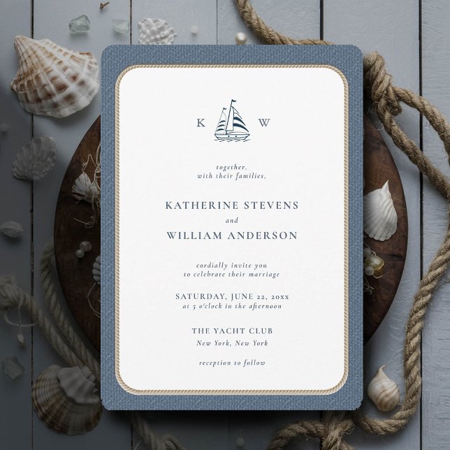 Invitation Mariage de monogrammes de  de corde marine (simple beach boat wedding invitation nautical rope burlap white navy modern classic minimalist)