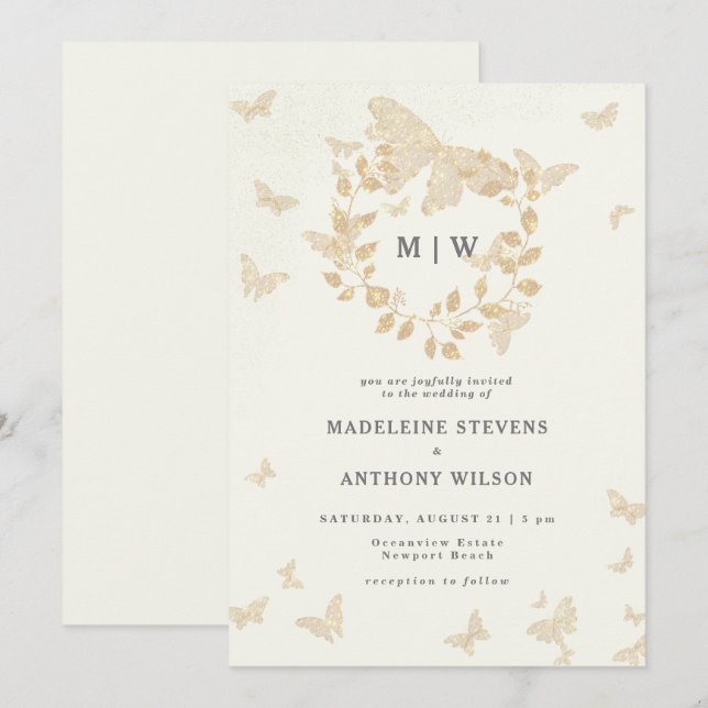 Invitation Mariage de monogrammes d'or de couronne de papillo (Devant / Derrière)