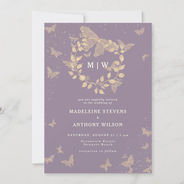 Invitation Mariage de monogrammes d'or Lilac Wreath papillon (Devant)
