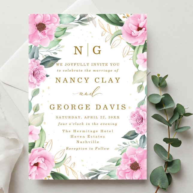 Invitation Mariage de monographie de cadre rose moderne (Créateur téléchargé)