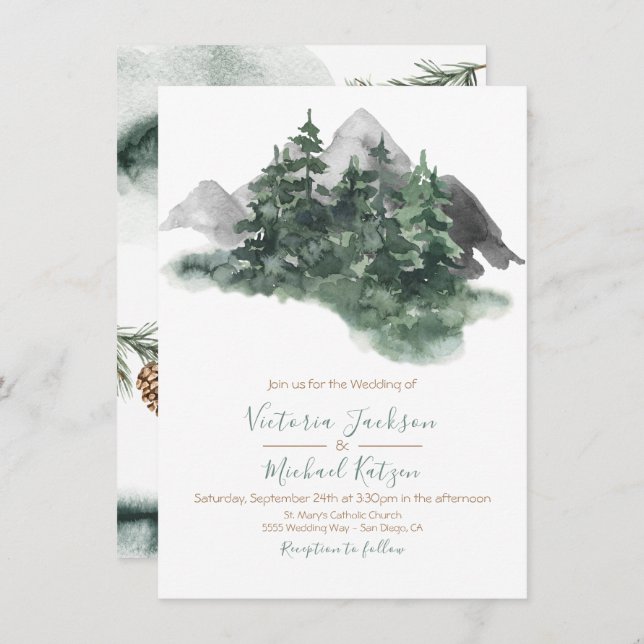 Invitation Mariage de montagne de l'aquarelle du bois (Devant / Derrière)