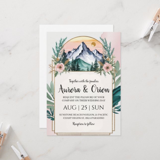 Invitation mariage de montagne floral moderne (Devant/Arrière en situation)