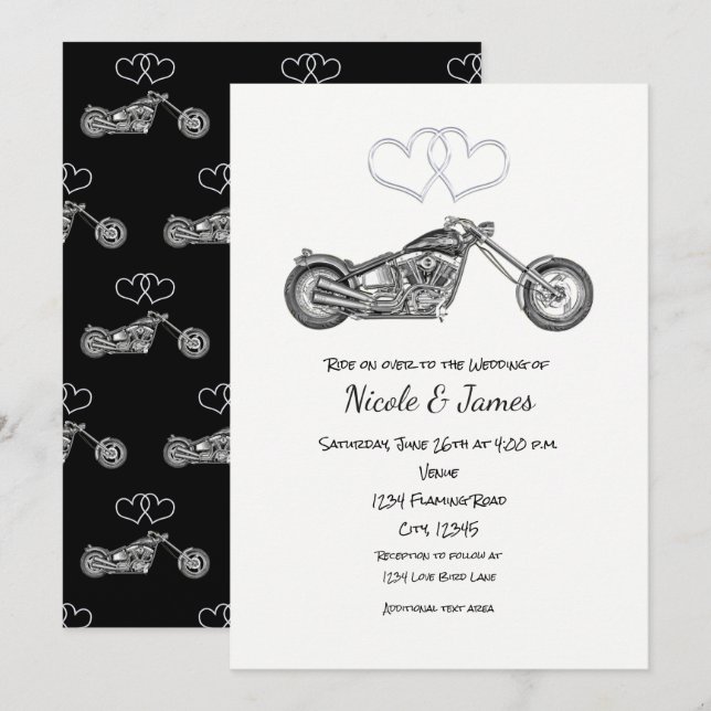 Invitation Mariage de motard aux coeurs noirs et argent (Devant / Derrière)