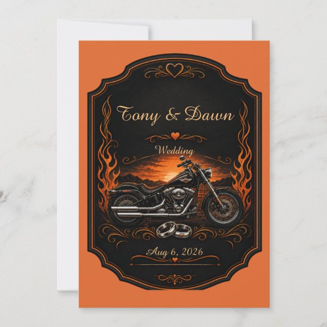 Invitation Mariage de motard orange noir moto (Devant)