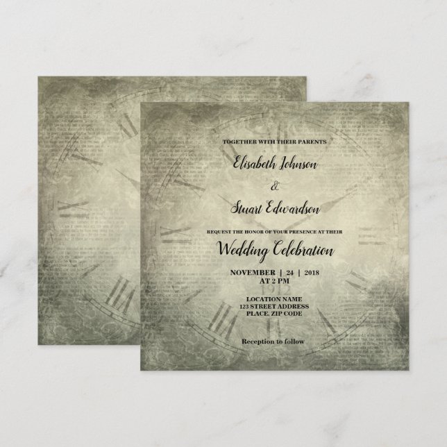 Invitation mariage de motif de script d'horloge rustique Vint (Devant / Derrière)