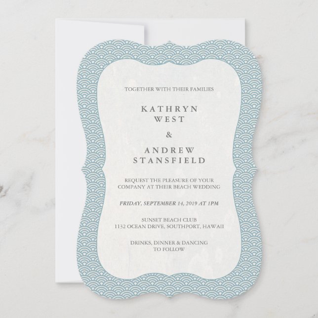 Invitation Mariage de Motif de vague blanc et bleu formel min (Devant)