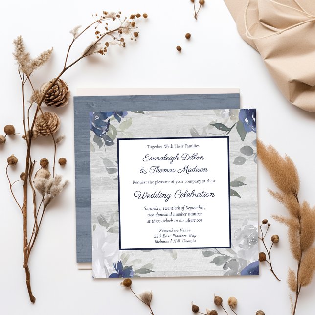 Invitation Mariage de motif floral gris argent bleu marine (Créateur téléchargé)