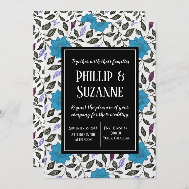 Invitation Mariage de motif Floral Vintage bleu (Devant / Derrière)