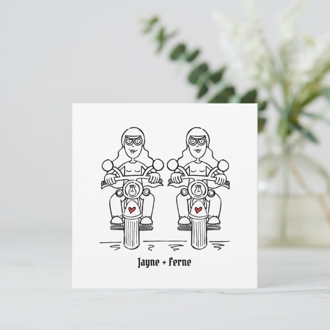 Invitation Mariage de moto de deux mariées sur mesure (Debout devant)