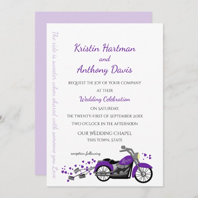 Invitation Mariage de moto et de coeur violet (Devant / Derrière)