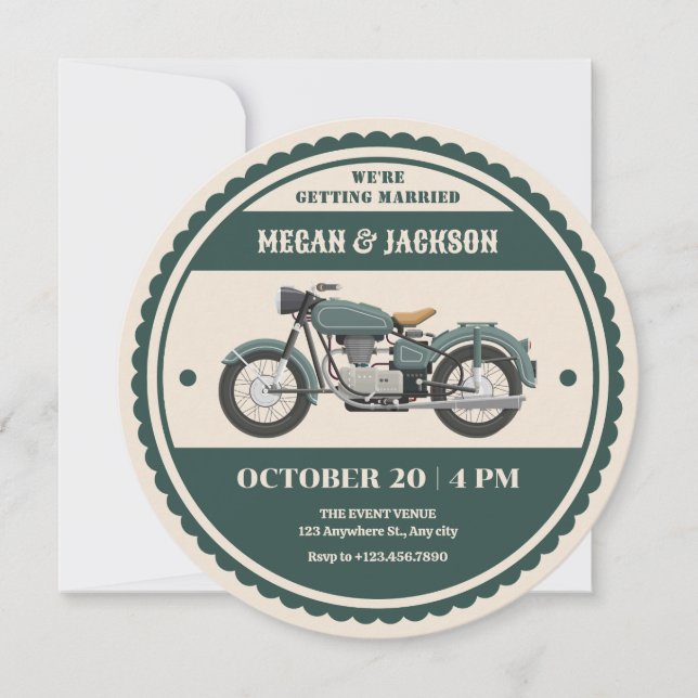 Invitation Mariage de moto vintage rétro vert classique (Devant)