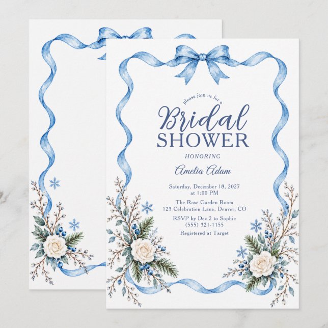 Invitation Mariage de neige à ruban bleu  (Devant / Derrière)