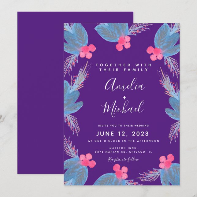 Invitation Mariage de Noël à l'aquarelle Berry Violet (Devant / Derrière)