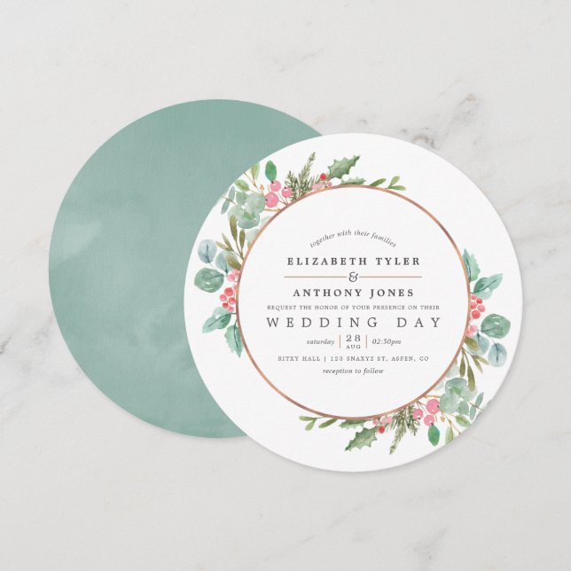 Invitation Mariage de Noël à l'aquarelle géométrique Eucalypt (Devant / Derrière)