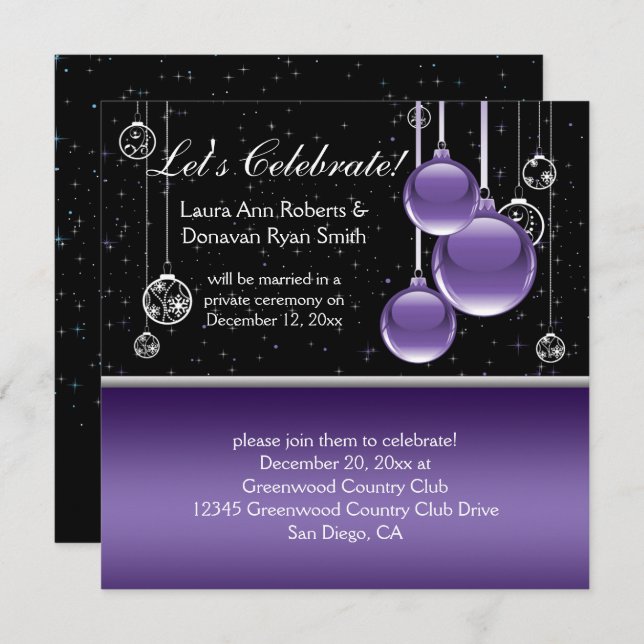 Invitation Mariage de Noël Argent Violet Noir Après la Cérémo (Devant / Derrière)