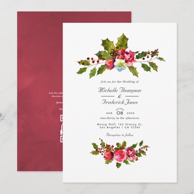 Invitation Mariage de Noël au houx QR Code RSVP (Devant / Derrière)