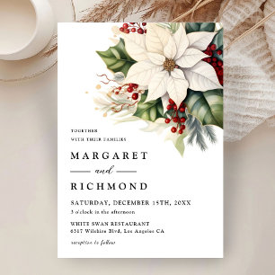 Invitation Mariage de Noël au Poinsettia Blanc et Baies Rouge