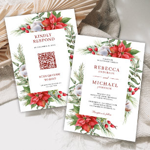 Invitation Mariage de Noël avec code QR Poinsettia Rustique
