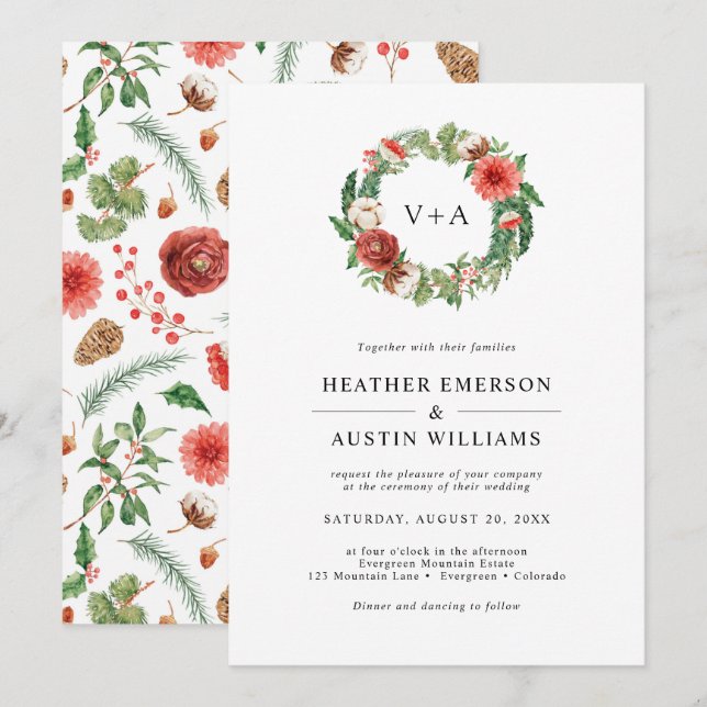 Invitation Mariage de Noël avec feuillage de fêtes (Devant / Derrière)