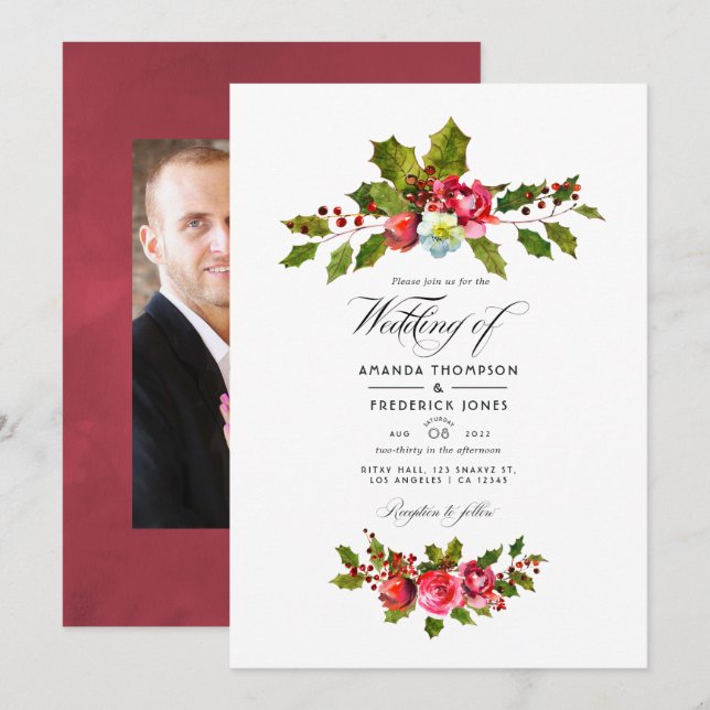 Invitation Mariage de Noël avec photo de houx (Devant / Derrière)