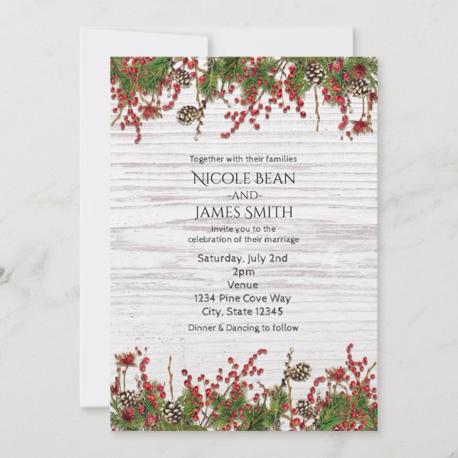 Invitation Mariage de Noël Campagne Baies & Cône de Pin (Devant)