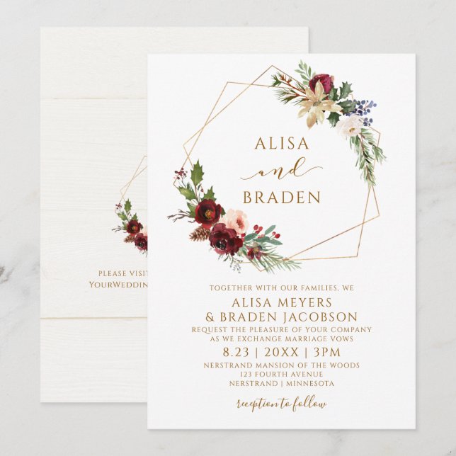 Invitation Mariage de Noël Couronne d'hiver Élégante Verdure (Devant / Derrière)