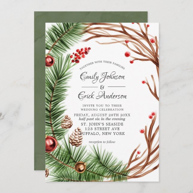Invitation Mariage de Noël de la branche de pin rouge vert (Devant / Derrière)